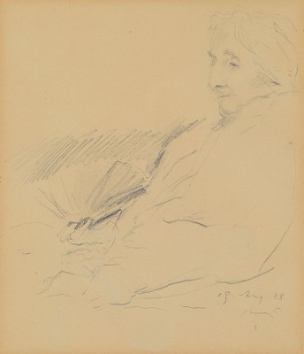 Max Slevogt, 1868 Landshut-1932 Leinsweiler,Bleistiftzeichnung auf Papier, Bildnis einer alten Frau im Lehnstuhl, handsigniert und datiert "19. ...