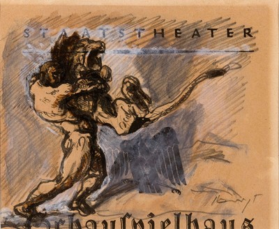 Max Slevogt, 1868 Landshut-1932 Leinsweiler, Herkules kämpft mit dem Löwen, aquarellierte Tuschfederzeichnung auf einem Theaterprogramm zwischen ...