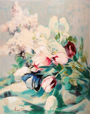 Hanns Fay, 1888 Frankenthal-1957 Neustadt an der Weinstraße, Blumenstillleben mit Tulpen und Flieder, Öl/Holz, links unten signiert, ca. 98x78cm, ...