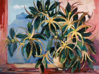 Hans Rolf Peter, 1926-2020 Neustadt a.d. Weinstr., Blumenstillleben vor einem Fenster, im Hintergrund das Hambacher Schloß, Öl/Lwd, rechts unten ...