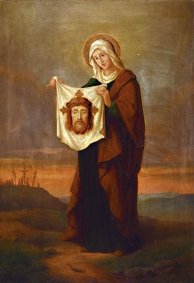 Heiligenbild, Ende 19.Jh., Hl. Veronika mit dem Schweißtuch Christi, hintergründig der Golgatha-Hügel, unsigniert, Öl/Lwd, Reinigung empfohlen, ...