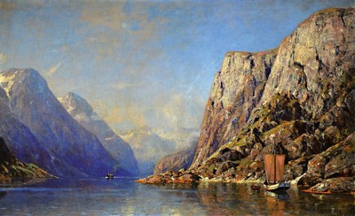Henry Enfield, 1849 London-1911/23, große Fjordlandschaft, verso bez. "Naeroyfjord" (Norwegen), links unten signiert, Öl/Lwd, Mitte unten ...