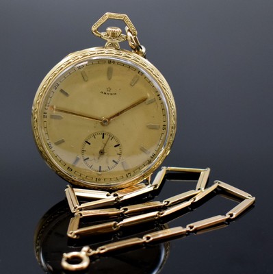 ASTER offene Taschenuhr in GG 585/000 mit Kette in RoseG 585/000, Schweiz um 1925, grav. Gehäuse, Metallcuvette, Metallzifferbl. m. aufges. ...
