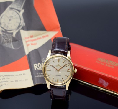 ROAMER Herrenarmbanduhr mit original Etui und Verkaufsprospekt, Schweiz um 1960, Patent- Nr. 305 467/305 776, Handaufzug, Monocoque- Geh., Oberteil ...