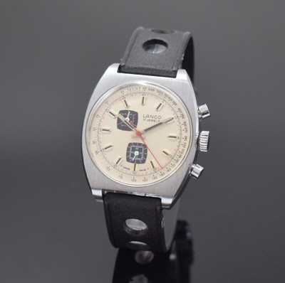 LANCO Armbandchronograph, Schweiz um 1970, Handaufzug, verchromtes Geh. m. verschr. Stahlboden, silb. Zifferbl., schwarze Hilfsblätter, ...