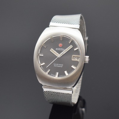 ROAMER Mustang Rotodate Armbanduhr in Stahl, Schweiz um 1970, Automatik, verschr. Geh., orig. Krone, graues Zifferbl., silb. Indizes u. Zeiger, Datum ...