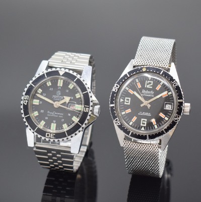 2 Sport-Armbanduhren mit Drehlünetten, um 1970, Automatik / Handaufzug, 1.) ROBERTA Automatic, verschr. Stahlgeh., schwarzes Glanz-Zifferbl., ...