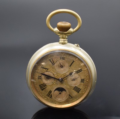Große Taschenuhr in Nickel mit Vollkalender, Schweiz um 1900, offenes Gehäuse, Metallzifferbl. m. Vollkalenderanzeige altersbed. pat. bzw. fl., ...