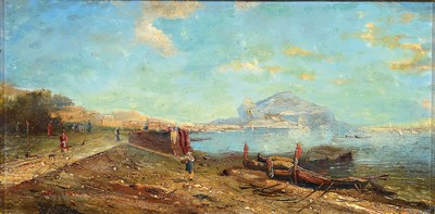 Nay Huga o.ä., um 1900, italienische Küstenlandschaft mit Figurenstaffage, links unten signiert, Öl/Holzplatte, 21x40 cm, Rahmen 33x53 cm