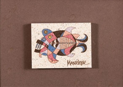 Cesar Manrique, 1919 Arrecife-1992 Tahiche, Spanien, Fisch, Mischtechnik in Sand auf Platte, 5,5x7 cm, in Objektrahmen 21x26 cm