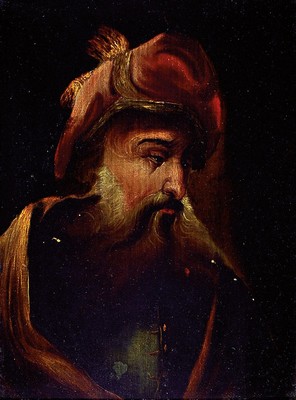 Unbekannter Künstler des 19.Jh., Bildnis eines bärtigen Orientalen, unsigniert, Öl/Holzplatte, verso Reste alter Wachssiegel, 26x19 cm, Rahmen ...