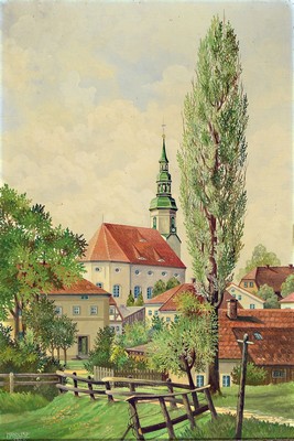M. Kolbe, datiert 1944, Dorfansicht mit Kirche, signiert und datiert 1944, Öl/Holz, Rahmen 60x42 cm
