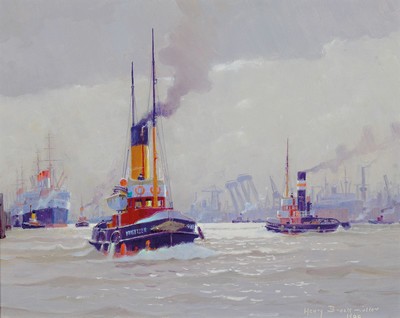 Henry Brockmüller, Hamburger Künstler des 20.Jh., "auf der Elbe bei Hamburg, im Hintergrund die Cap Arcona" so verso bez., datiert 1933, ...
