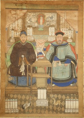 Antike Ahnenbild, China, 19.Jhd, Papiermal erei, ca. 133 x 96 cm, EHZ: 3,(Wasserflecken).