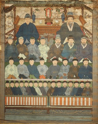 Antikes Ahnenbild, China, 19.Jhd, Papiermalerei, ca. 215 x 175 cm, EHZ: 3(Wasserflecken)