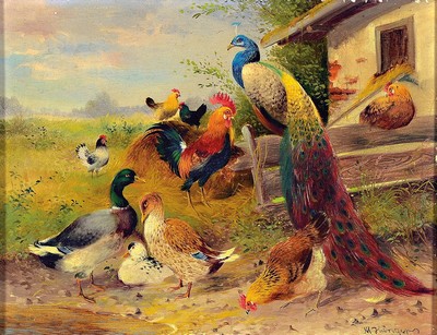 Max Hängar I, 1874 München - 1941 Fürstenfeldbruck, Hühnerhof mit Enten, Hühner und Pfau, signiert, Öl/Holzplatte, Rahmen, 18x23/31x36 cm