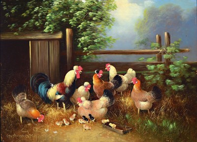 Otto Scheuerer, 1862-1934 München, Hühnerhof, Öl/Karton, signiert, Rahmen 37x48 cm