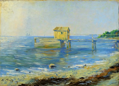 E. Sch., datiert (19)14, Badesteg am Strand,signniert, Öl/Lwd, ungerahmt 40x30 cm