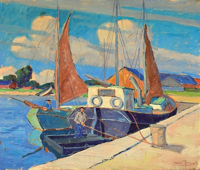 Borge Ball, 1906-1979, dänischer Maler, Hafenszene, signiert und datiert 1944, Öl/Lwd,Rahmen 73x84 cm
