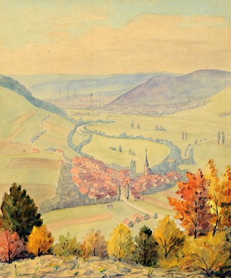 K. Scheurer, 20.Jh., Blick ins Tal, am Horizont Umrisse einer Großstadt, Aquarell, signiert und datiert 1941, unter PP und Glas gerahmt 54x48 cm