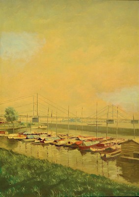 Lessner, 20.Jh., Rheinbrücke mit Hafen, Theodor-Heuss-Brücke Düsseldorf, Öl/Lwd, signiert, Rahmen 78x57 cm