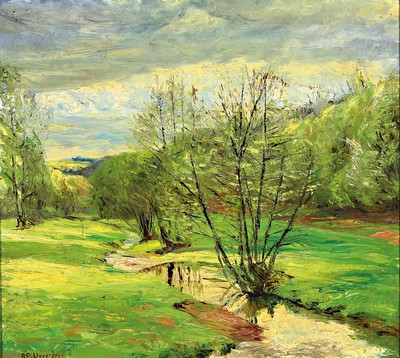 Raphael Oskar Unverdross, 1873-1952 Düsseldorf, sommerliche Flusslandschaft, signiert, Öl/Lwd, Rahmen 68x74 cm