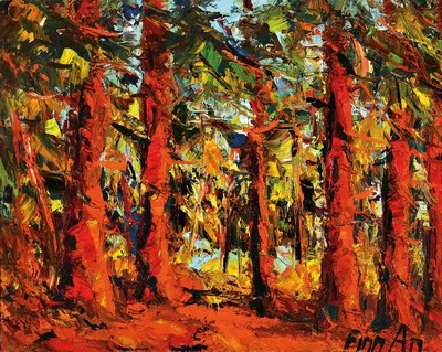 Finn Andersen, 1909-1987, dänischer Maler, herbstliche Waldlandschaft, expressiver Duktus,pastoser Farbauftrag, signiert Finn An,rückseitig datiert ...