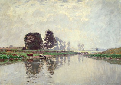 Arthur Wansleben, 1861 Krefeld-1917 Düsseldorf, Niederrheinische Flusslandschaft, "Augustmorgen" so verso bez., rechts unten signiert, ...