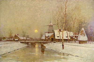 Johann Jungbluth, 1860 Saarburg - 1912 Düsseldorf, winterlicher Kanal mit verhangenem Himmel, Öl/Lwd, rechts unten signiert, 80x120 cm, Rahmen ...