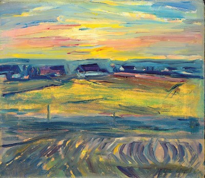 Unbekannter Künstler, 20.Jh., Sonnenaufgang über dörflicher Landschaft, unsigniert, Öl/Lwd, Rahmen 45x50 cm