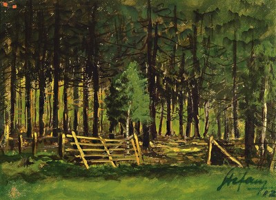 Ungedeuteter Künstler, 20.Jh., Waldlandschaft mit geöffnetem Gatter, signiertund datiert 12, Öl/Masonit, Rahmen 39x49 cm