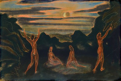 Peter Koch, 1874 Deidesheim-1956 Gimmeldingen, vier Akte im Mondschein, Pastell- und Wachskreide auf Papier, ca. 47x70cm, PP, u.Gl., R. ca. 71x89cm