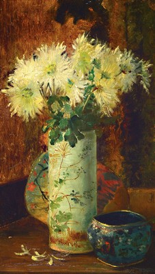 Jean Etienne Johanny Maisiat, 1824 Lyon-1910, Stillleben mit Blumen und asiatischen Gefäßen, Öl/Holz, rechts unten monogrammiert JM, ca. 38x22cm, ...