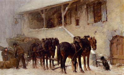 Unbekannter Künstler, deutsch, um 1900, Pferde vor dem Stall im verschneiten Hof, Männer beladen den Wagen, Öl/Lwd, unsign., ca. 35x58cm, R. ca. ...