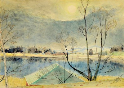 Eugen Croissant, 1898 Landau-1976 Breitbrunn, Landschaft am Chiemsee, Aquarell auf Papier, rechts unten signiert, ca. 37x52cm, PP, u. Gl., R. ca. ...