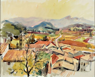 Karl Hufnagel, 1906 Harthausen-1995 Speyer, Aquarell, Blick über St. Martin/Pfalz, signiert und datiert 1979, unter glas gerahmt,60x70 cm; Studium ...