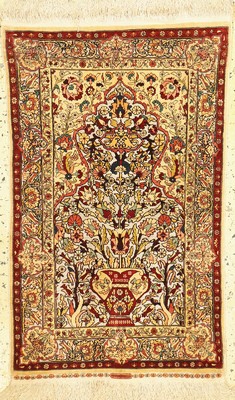 Hereke Seide fein, Türkei, signiert(Özipek), um 1960, reine Naturseide, ca. 98 x 63 cm, ca. 1,0 Mio. Kn/qm, EHZ: 1