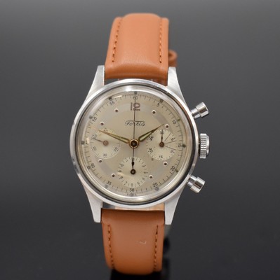 FORTIS Valjoux 72 Schaltradchronograph in Stahl, Schweiz um 1950, Handaufzug, unpol. Stülpgeh., silb. Duoton-Zifferbl. fl., gold. Indizes u. Zeiger, ...