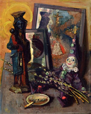 Unbekannter Künstler des 20.Jh., Stillleben mit Madonna, Harlekin, qualmender Zigarette und Spiegel, unleserlich signiert und datiert 1945, ...