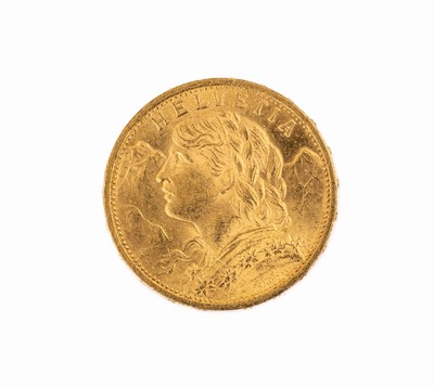 Goldmünze 20 Franken, Schweiz 1897, sogn. Vreneli, Helvetia
