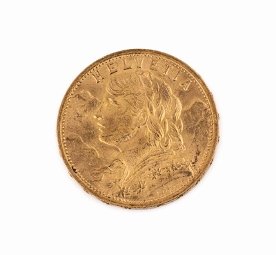 Goldmünze 20 Franken, Schweiz 1909, sogn. Vreneli, Helvetia