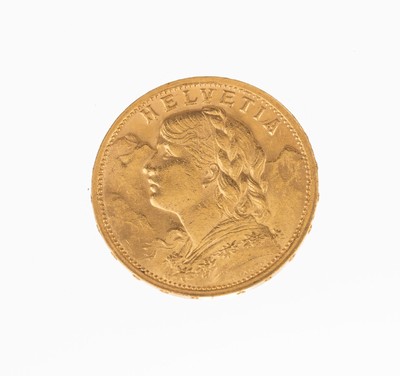 Goldmünze 20 Franken, Schweiz 1909, sogn. Vreneli, Helvetia