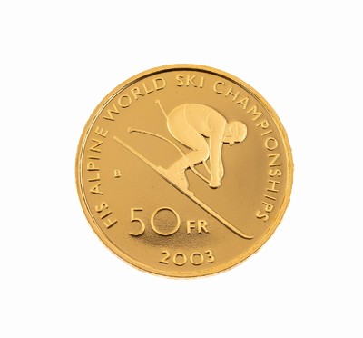 Goldmünze 50 Franken, Schweiz 2003, FIS Alpine World Ski Championships, in orig. Etui,in Münzkapsel