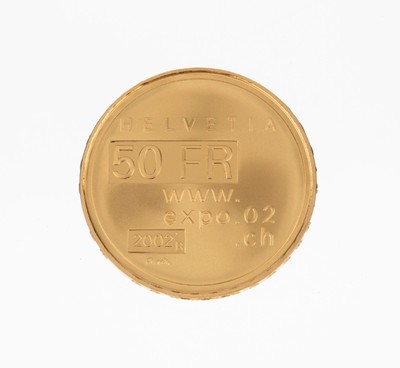 Goldmünze 50 Franken, Schweiz 2002, Expo.02, in orig. Etui, in Münzkapsel