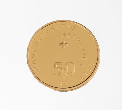 Goldmünze 50 Franken, Schweiz 2013, Gotthardpost, in orig. Etui, in Münzkapsel