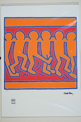 Nach Keith Haring (1958-1990), Lithographie,ohne Titel, tanzende Figurengruppe, Ed. 39/150, handnummeriert, Steinsignatur, Prägestempel Keith Haring ...