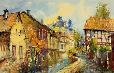 Heiner Deege, 1920 - 2007 Haßloch,, zwei Aquarelle, a. Fachwerkhäuser am, Bach, bunt, signiert, ca. 41 x 84 cm, b. Speyerer Rheinansicht mit Booten ...