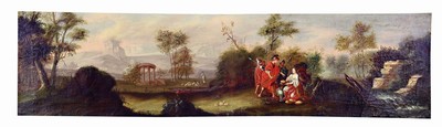 Unbekannter Maler, süddeutsch, um 1760, weite idealisierte Landschaft mit Ruinen und Pavillon, vier römische Soldaten erhalten Brot von einer ...