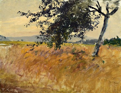 Friedrich Kallmorgen, 1856 Altona-1924 Grötzingen bei Karlsruhe, Baumstudie, knorriger Baum im Ährenfeld, Öl/Lwd, links unten monogr. F.K. 92, ca. ...