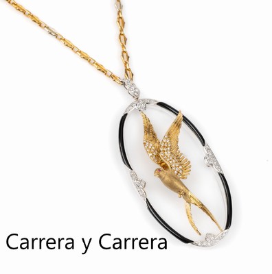 18 kt Gold CARRERA Y CARRERA Onyx-Brillant- Collier, GG/WG 750/000, ausgefallener Anhänger, mittig Vogel aus GG auf Platte, Umrandung mit Onyx, in ...